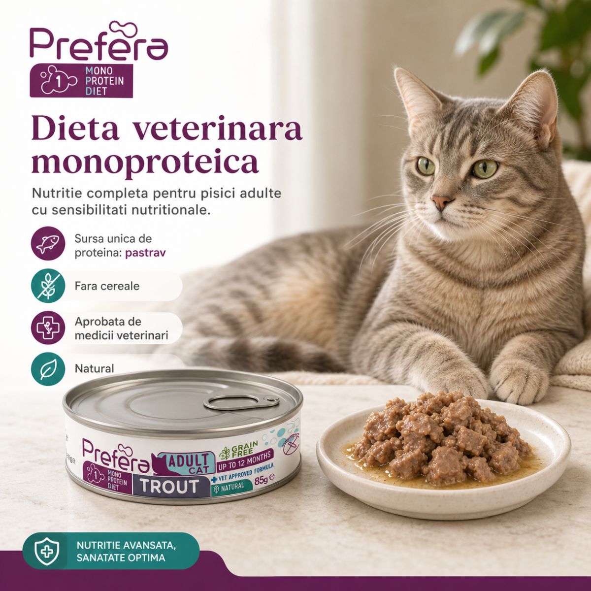 PREFERA MPD, Păstrăv, dietă veterinară, conservă hrană umedă monoproteică fără cereale pisici, (în suc propriu), 85g - imagine 4